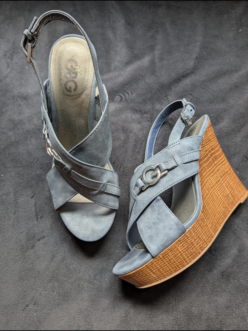 GBG Los Angeles Blue Suede Wedge Sandals with Wood-Look Platform